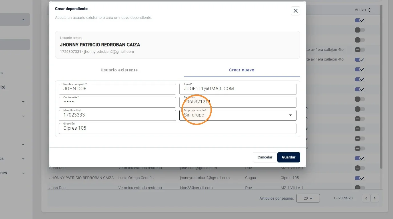 Captura de Gestión de dependientes paso 5